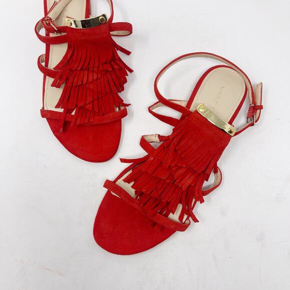 Marc Fisher 6 Red Suede Leather Charm Tiered Fringe Strappy Sandals Flat Ankle - Picture 10 of 10